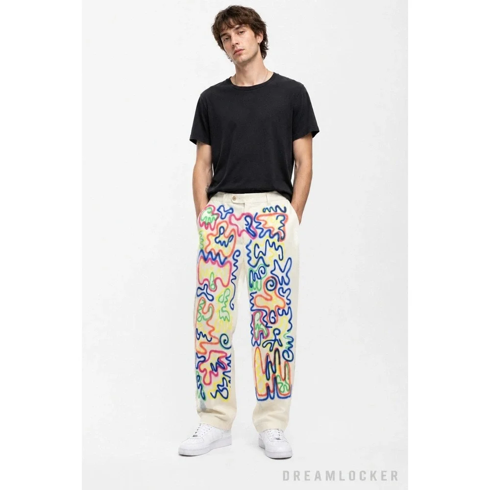 Ralph Lauren Vintage Custom Graffiti Art Spray Paint Pants 38x32 Cream - Picture 1 of 10